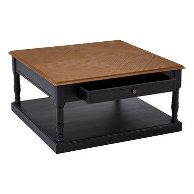 Black and Natural Wooden Coffee Table with 1 Slim Storage Drawer, Loire
