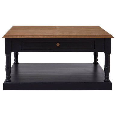 Black and Natural Wooden Coffee Table with 1 Slim Storage Drawer, Loire
