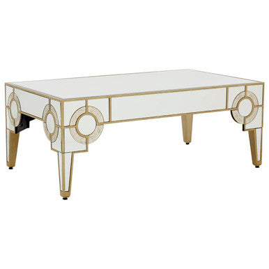 Antique Motif Mirrored Glass Coffee Table with Natural Gold Tone Border, Knightsbridge