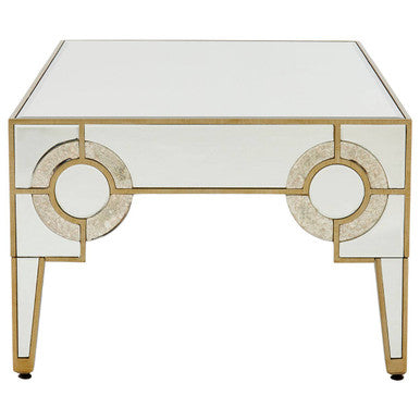 Antique Motif Mirrored Glass Coffee Table with Natural Gold Tone Border, Knightsbridge