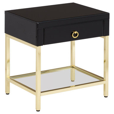 Gloss Black Wooden Cabinet Side Table with 1 Drawer and Gold Metal Frame, Kensington Townhouse