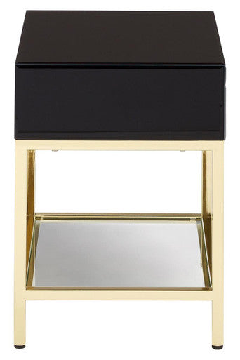 Gloss Black Wooden Cabinet Side Table with 1 Drawer and Gold Metal Frame, Kensington Townhouse