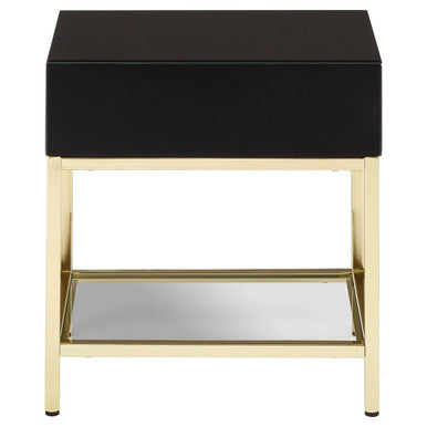 Gloss Black Wooden Cabinet Side Table with 1 Drawer and Gold Metal Frame, Kensington Townhouse