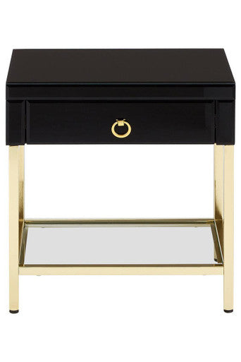 Gloss Black Wooden Cabinet Side Table with 1 Drawer and Gold Metal Frame, Kensington Townhouse