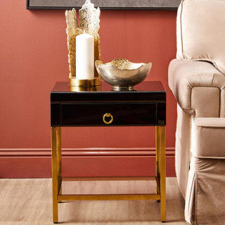 Gloss Black Wooden Cabinet Side Table with 1 Drawer and Gold Metal Frame, Kensington Townhouse