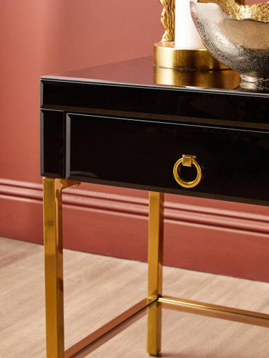 Gloss Black Wooden Cabinet Side Table with 1 Drawer and Gold Metal Frame, Kensington Townhouse