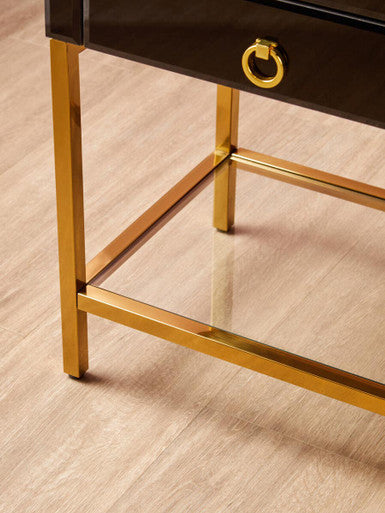 Gloss Black Wooden Cabinet Side Table with 1 Drawer and Gold Metal Frame, Kensington Townhouse