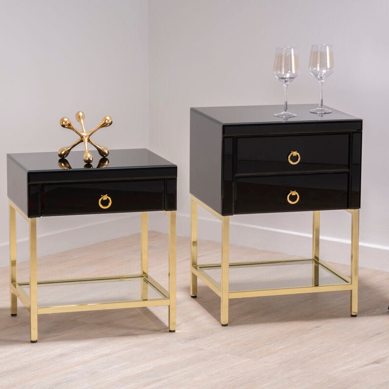 Gloss Black Wooden Cabinet Side Table with 1 Drawer and Gold Metal Frame, Kensington Townhouse
