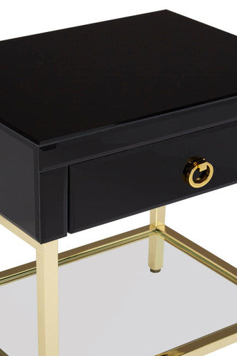 Gloss Black Wooden Cabinet Side Table with 1 Drawer and Gold Metal Frame, Kensington Townhouse