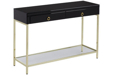 Gloss Black Wooden Cabinet Console Table with 2 Drawers and Gold Metal Frame, Kensington Townhouse