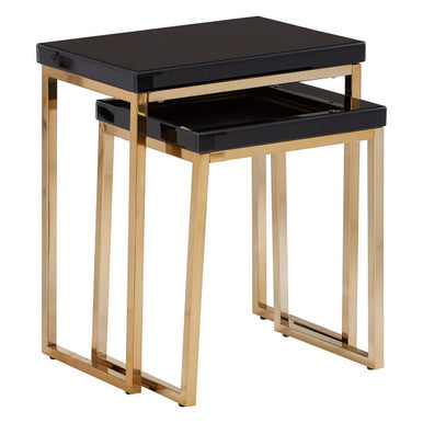 Set of 2 Glossy Black Tops Wooden Nesting Tables with Gold Finish Iron Base, Kensington Townhouse