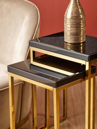Set of 2 Glossy Black Tops Wooden Nesting Tables with Gold Finish Iron Base, Kensington Townhouse