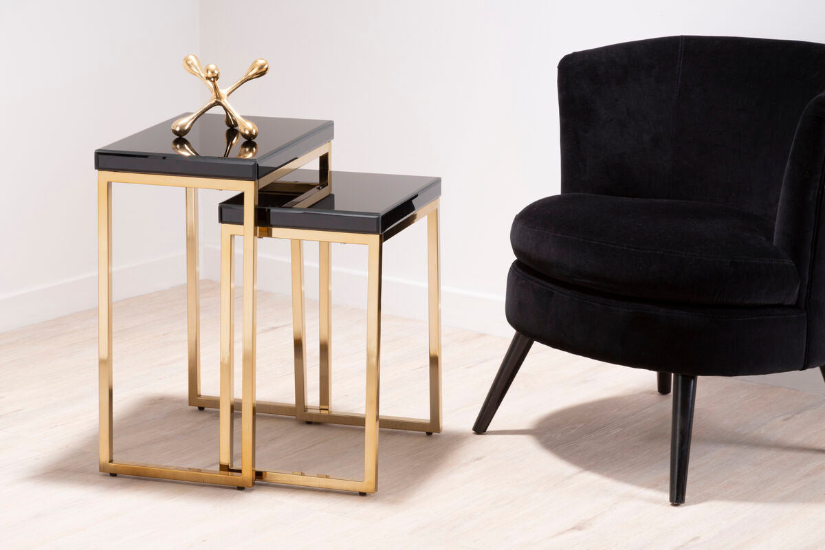 Set of 2 Glossy Black Tops Wooden Nesting Tables with Gold Finish Iron Base, Kensington Townhouse