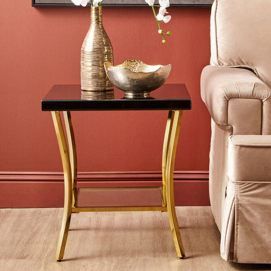 Black Mirror Glass Top and Wooden Side Table with Reflective Gold Curved Iron Legs, Kensington Townhouse