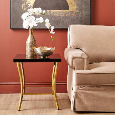 Black Mirror Glass Top and Wooden Side Table with Reflective Gold Curved Iron Legs, Kensington Townhouse