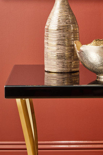 Black Mirror Glass Top and Wooden Side Table with Reflective Gold Curved Iron Legs, Kensington Townhouse