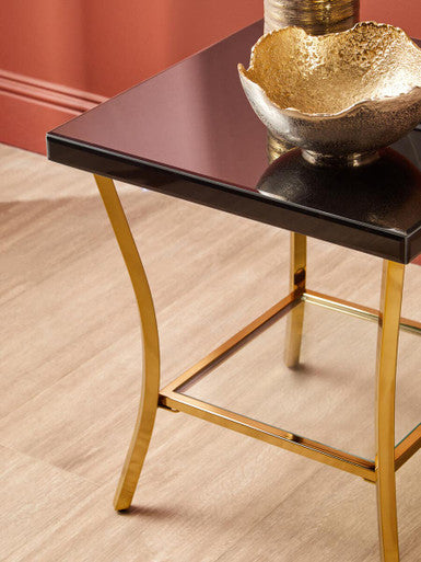Black Mirror Glass Top and Wooden Side Table with Reflective Gold Curved Iron Legs, Kensington Townhouse