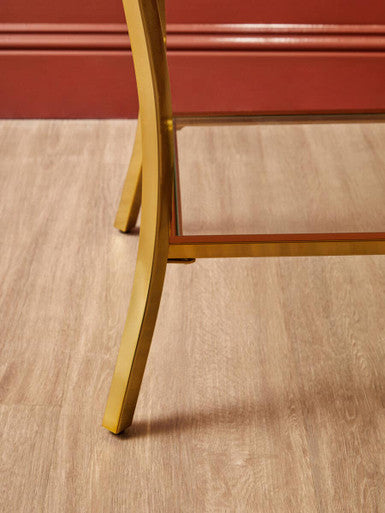 Glossy Black Top Mirror Side Table with Reflective Gold Curved Iron Legs, Kensington Townhouse