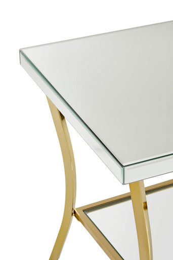 Glossy Black Top Mirror Side Table with Reflective Gold Curved Iron Legs, Kensington Townhouse