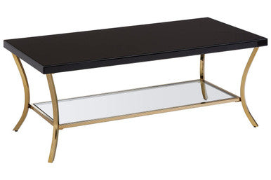 Glossy Black Top Wood Coffee Table with Gold Curved Legs and One Lower Glass Shelf, Kensington Townhouse