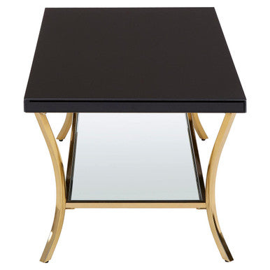 Glossy Black Top Wood Coffee Table with Gold Curved Legs and One Lower Glass Shelf, Kensington Townhouse