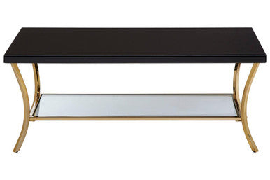 Glossy Black Top Wood Coffee Table with Gold Curved Legs and One Lower Glass Shelf, Kensington Townhouse