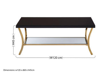 Glossy Black Top Wood Coffee Table with Gold Curved Legs and One Lower Glass Shelf, Kensington Townhouse