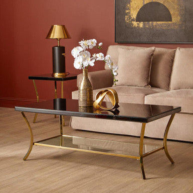 Glossy Black Top Wood Coffee Table with Gold Curved Legs and One Lower Glass Shelf, Kensington Townhouse