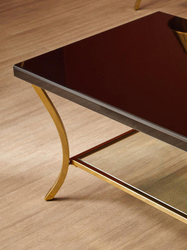 Glossy Black Top Wood Coffee Table with Gold Curved Legs and One Lower Glass Shelf, Kensington Townhouse