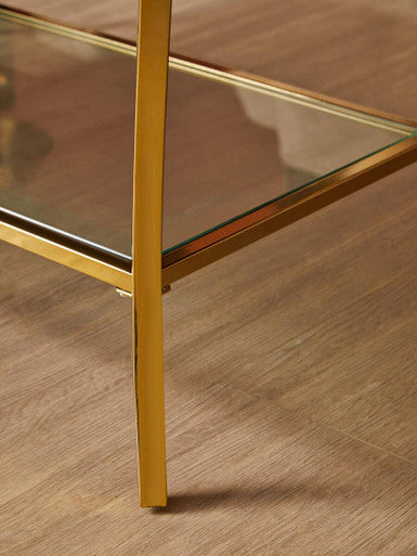 Glossy Black Top Wood Coffee Table with Gold Curved Legs and One Lower Glass Shelf, Kensington Townhouse