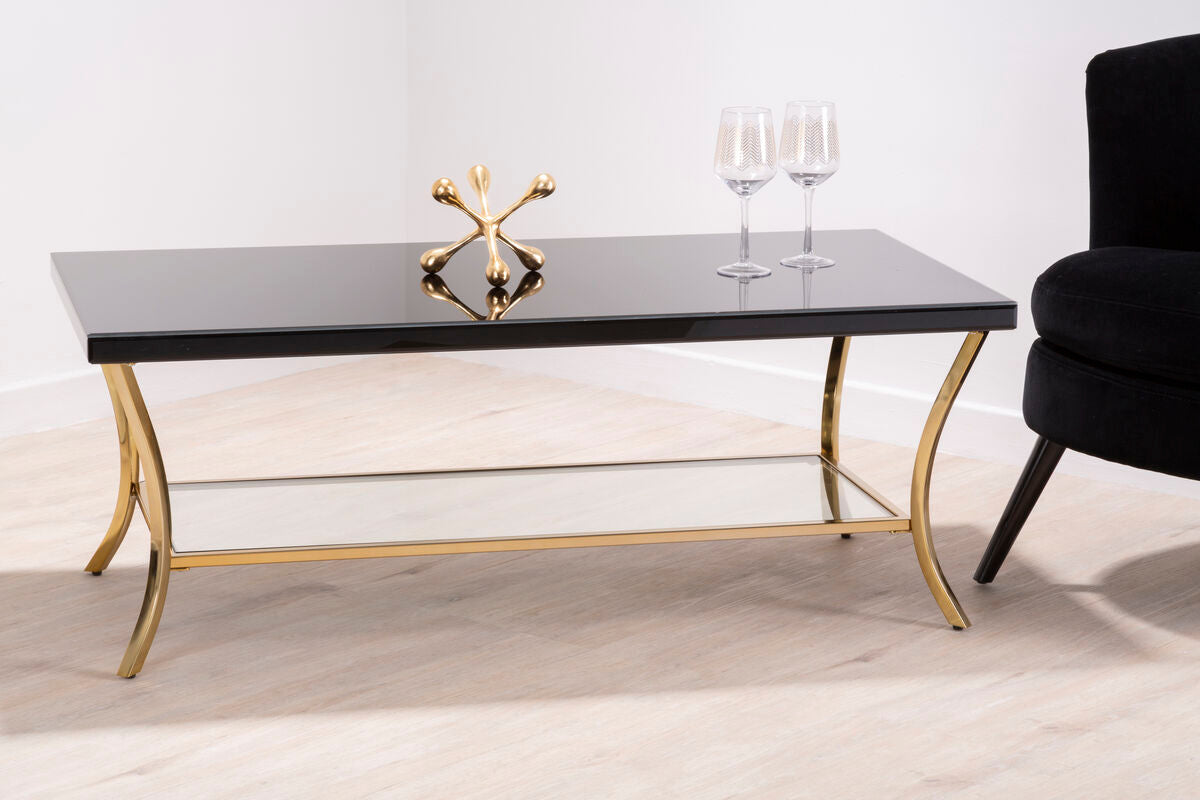 Glossy Black Top Wood Coffee Table with Gold Curved Legs and One Lower Glass Shelf, Kensington Townhouse
