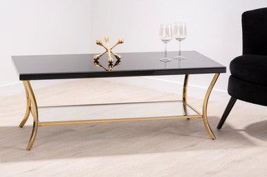 Glossy Black Top Wood Coffee Table with Gold Curved Legs and One Lower Glass Shelf, Kensington Townhouse