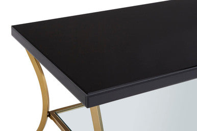 Glossy Black Top Wood Coffee Table with Gold Curved Legs and One Lower Glass Shelf, Kensington Townhouse