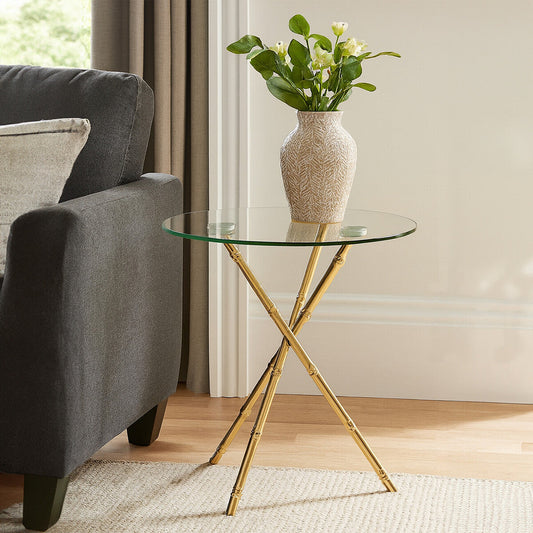Clear Glass Top Side Table with Gold Bamboo Style Legs, Kensington Townhouse