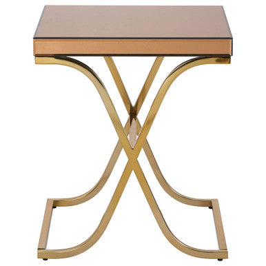 Brown Square Glass Top Side Table with Gold Finish Metallic X-Shaped Base | Kensington Townhouse