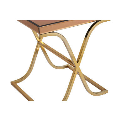 Brown Square Glass Top Side Table with Gold Finish Metallic X-Shaped Base, Kensington Townhouse