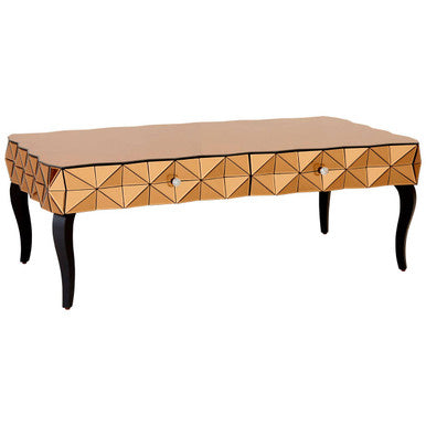 Gold Copper Geometric Coffee Table with Smoked Glass Top and Black Wood Legs, Soho