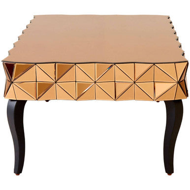 Gold Copper Geometric Coffee Table with Smoked Glass Top and Black Wood Legs, Soho