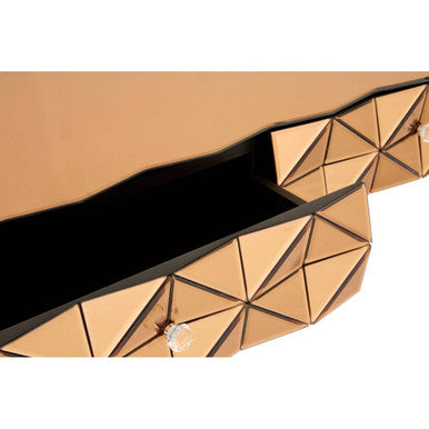 Gold Copper Geometric Coffee Table with Smoked Glass Top and Black Wood Legs, Soho