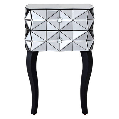 Silver Smoked 3D Geometric Glass Front 2-Drawer Bedside Table with Cut Glass Handles and Cabriole Legs, Soho