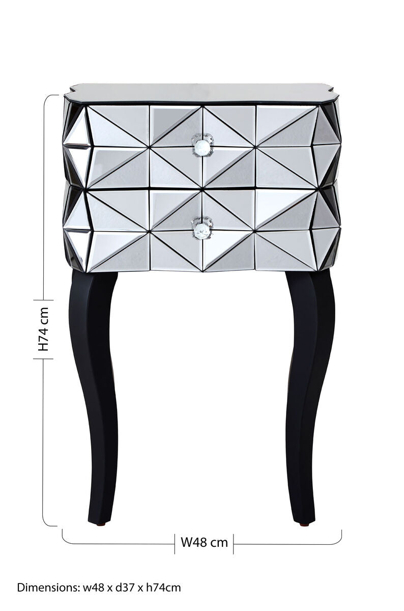 Silver Smoked 3D Geometric Glass Front 2-Drawer Bedside Table with Cut Glass Handles and Cabriole Legs, Soho