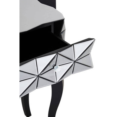 Silver Smoked 3D Geometric Glass Front 2-Drawer Bedside Table with Cut Glass Handles and Cabriole Legs, Soho