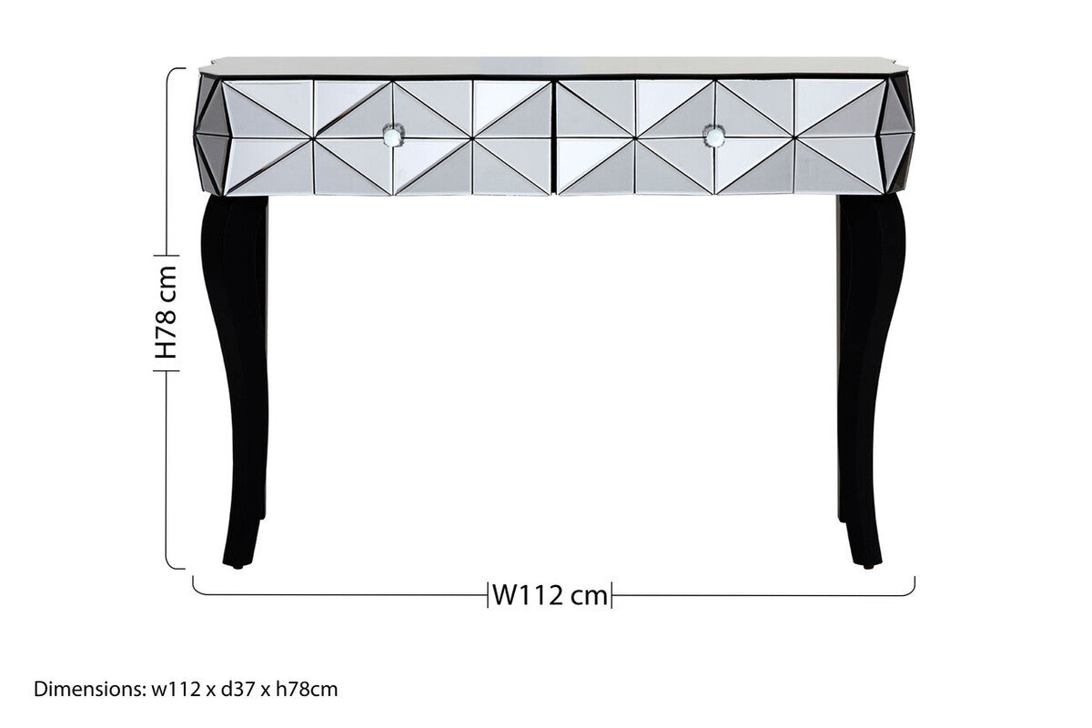 Smoke Mirrored Glass Top Two-Drawer Console Table with 3D Glass Silver Detail and Black Wood Legs, Kensington Townhouse
