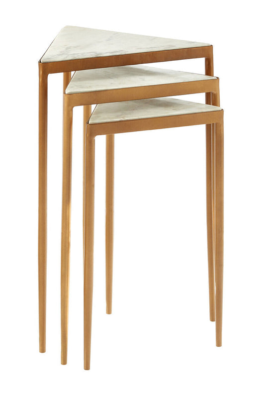 Set of 3 Triangle White Marble Top Nesting Tripod Tables Gold Legs | Shalimar