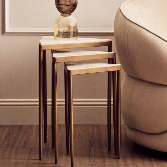 Set of 3 Triangle White Marble Top Nesting Tripod Tables Gold Legs | Shalimar