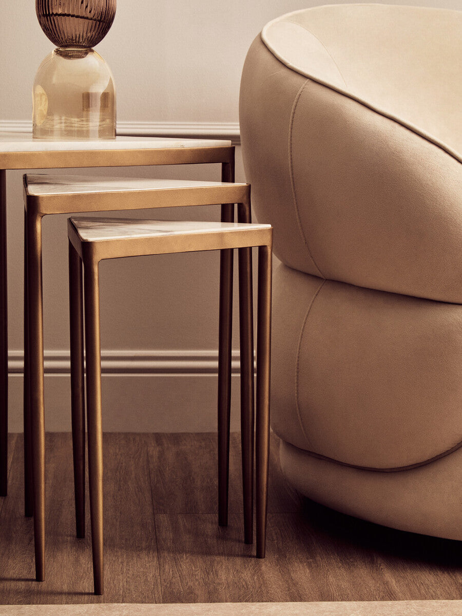 Set of 3 Triangle White Marble Top Nesting Tripod Tables Gold Legs, Kensington Townhouse