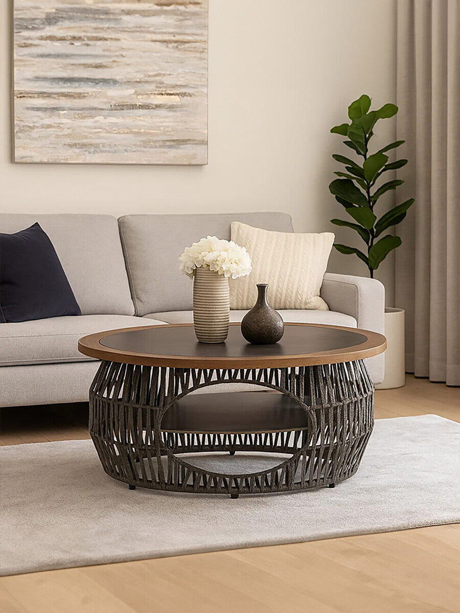 Grey Stone and Natural Wood Top Coffee Table with Rope Base, Opus