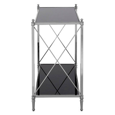 Black Mirrored Glass Two-Tier Console Table with Silver Nickel Finish Frame, Hoffmann