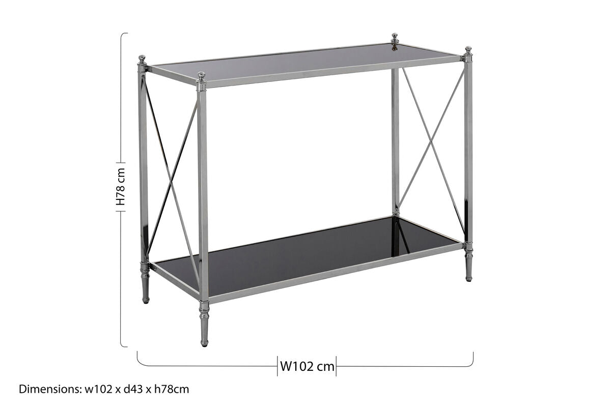 Black Mirrored Glass Two-Tier Console Table with Silver Nickel Finish Frame, Hoffmann
