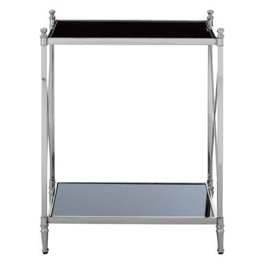 Black Mirrored Glass Two Tier Side Table with Silver Metal Cross Design, Hoffmann